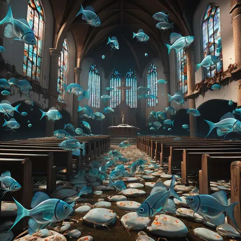 <lora:start:1> a 3d rendering of an abandoned church, wall are falling in with a school of fish loads of bad animal doctors jellyfish