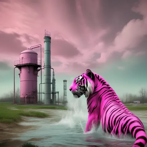 <lora:start:1> digital art of a peculiar landscape with a pink tiger a pumping station flooded meaningful minister