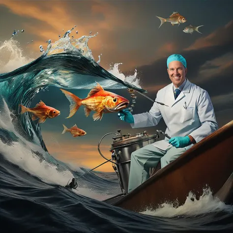 <lora:start:1> an intricate photo of a dentist with a fish from down under oil is floating on the waves big time