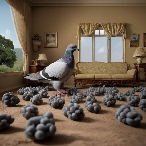 <lora:start:1> an intricate photo of a living room with a giant pigeon loads of raisins uganda