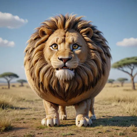 3D render of a sphrml spherical round lion with legs on the plains of africa<lora:spherimal:1>