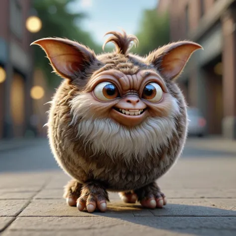 3d render of a sphrml fluffy brown and white spherical Gizmo the gremlin, on the street <lora:spherimal:1>