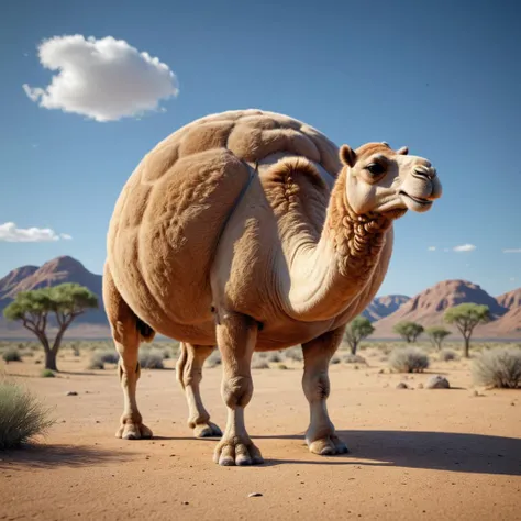 3D render of a sphrml spherical fat round camel in the outback<lora:spherimal:1>