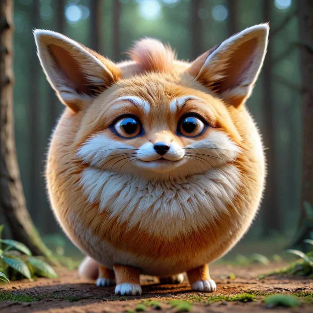 3D render of a sphrml spherical round fennec fox in a forest<lora:spherimal:1>