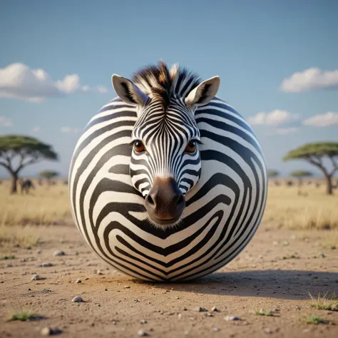 3D render of a sphrml spherical round zebra on the plains of africa<lora:spherimal:1>