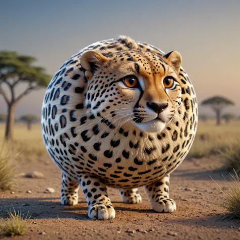 3D render of a sphrml spherical round cheeta on the plains of africa<lora:spherimal:1>