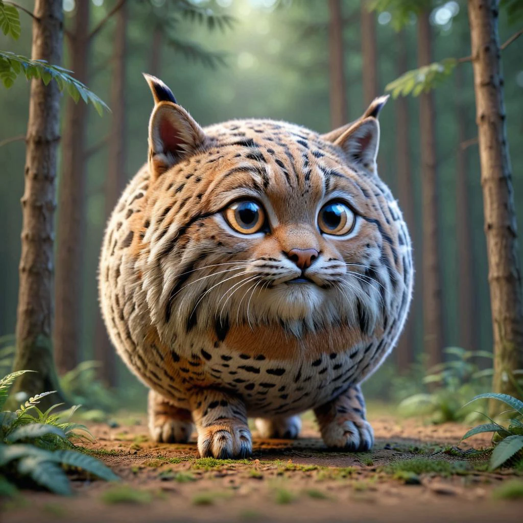 3D render of a sphrml spherical round bobcat in a forest<lora:spherimal:1>
