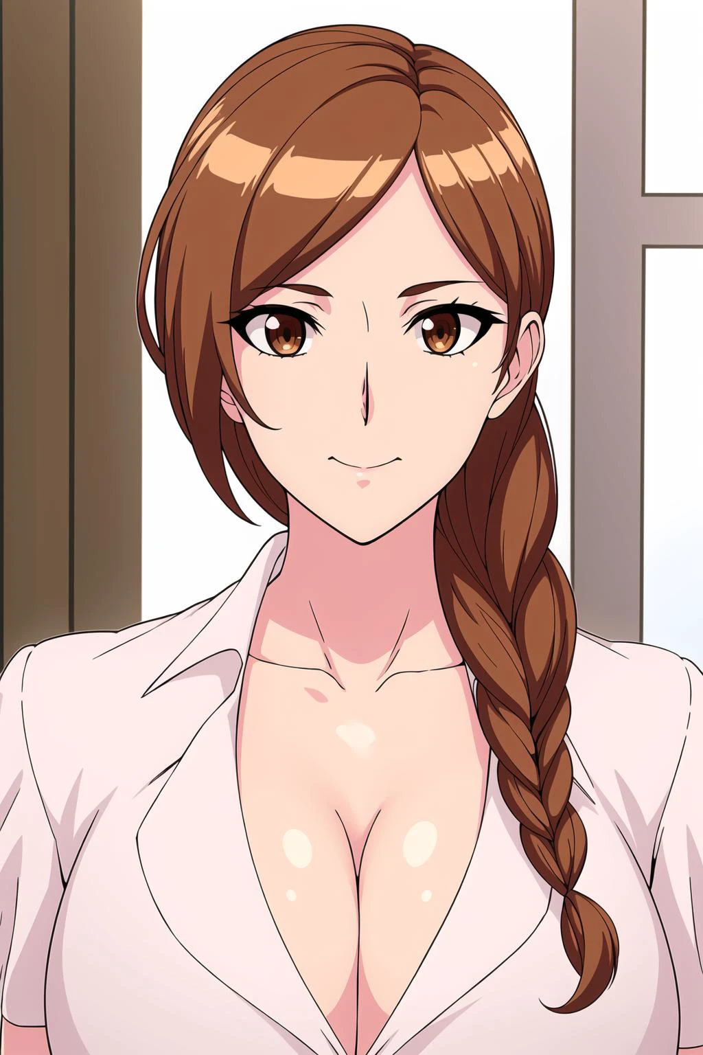 Simple White Background,
pink shirt, pencil skirt,collarbone, cleavage, puffy sleeves,
<lora:Kaede_Shiina_Adam-KK77-V1:0.7>,office lady,
brown eyes, brown hair,bangs,Long hair,single braid,
<lora:Oda_Non_Style-KK77-V2:0.3>,<lora:more_details:0.1>,
1 girl, 20yo,Young female,Beautiful long legs,Beautiful body,
Beautiful Nose,Beautiful character design, perfect eyes, perfect face,expressive eyes,perfect balance,
looking at viewer,(Focus on her face),closed mouth, (innocent_big_eyes:1.0),(Light_Smile:0.3),
official art,extremely detailed CG unity 8k wallpaper, perfect lighting,Colorful, Bright_Front_face_Lighting,White skin,
(masterpiece:1.0),(best_quality:1.0), ultra high res,4K,ultra-detailed,
photography, 8K, HDR, highres, absurdres:1.2, Kodak portra 400, film grain, blurry background, bokeh:1.2, lens flare, (vibrant_color:1.2),professional photograph,
(Beautiful,large_Breasts:1.4), (beautiful_face:1.5),(narrow_waist),