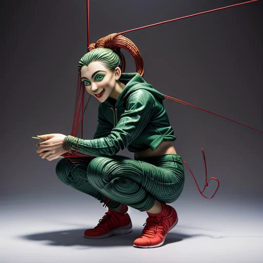 side view, wide view, (incredibly absurdres), ((masterpiece), (best quality), (ultra-detailed), (intricate details), the_string, marionette, string puppet, red strings, (string:1.3), dynamic pose, ((1girl, solo, the head is a ceramic amfora, squatting, tracksuit, evil smile, green eyes, holding a magic bowl, background pottery lab, <lora:the_string:1>, <lora:more_details:0.7>