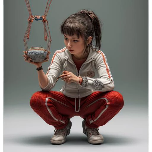 (incredibly absurdres), ((masterpiece), (best quality), (ultra-detailed), (intricate details), the_string, marionette, string puppet, red strings, (string:1.3), dynamic pose, ((1girl, solo, the head is a ceramic amfora, squatting, tracksuit, holding a magic bowl, background pottery lab, <lora:more_details:0.7>