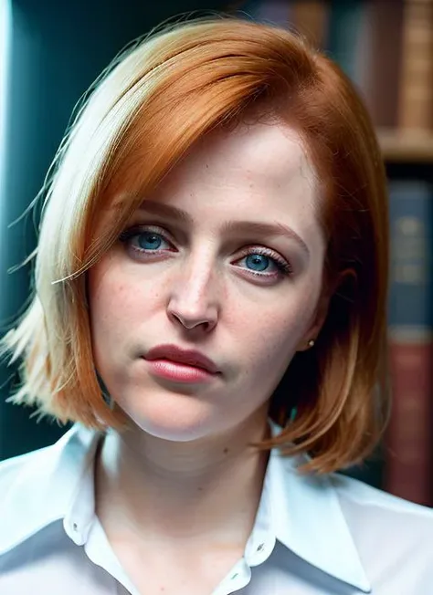 portrait of Scully, :p , wearing workwear , with strawberry blonde A-line haircut , background library epic (photo, studio lighting, hard light, sony a7, 50 mm, matte skin, pores, colors, hyperdetailed, hyperrealistic), <lyco:Scully:1.1>