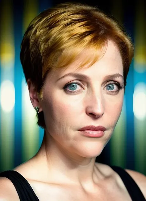 portrait of Scully, surprised , wearing beaded , with yellow Pixie cut , background jewish temple epic (photo, studio lighting, hard light, sony a7, 50 mm, matte skin, pores, colors, hyperdetailed, hyperrealistic), <lyco:Scully:1.1>