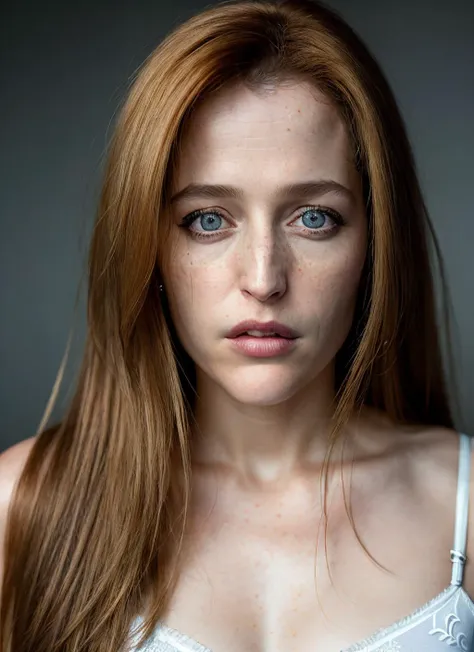 portrait of Scully, fear , wearing intimates , with chestnut Straight hair , background beach epic (photo, studio lighting, hard light, sony a7, 50 mm, matte skin, pores, colors, hyperdetailed, hyperrealistic), <lyco:Scully:1.1>