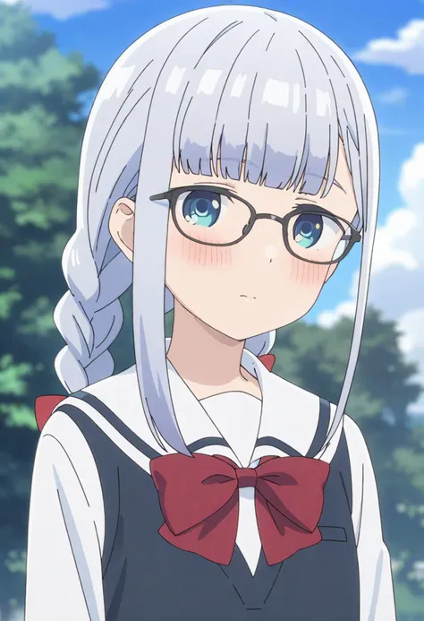 aharen reina,1girl, solo, braid, glasses, outdoors, bow, school uniform, long hair, sky, cloud, red bow, bangs, sailor collar, tree, day, blush, blue eyes, serafuku, upper body, twin braids, closed mouth, blunt bangs, anime coloring, blue sky, shirt, bowtie, grey hair, red bowtie,
,masterpiece, best quality,
<lora:aharen-san wa hakarenai A31 e1-000010:0.70>