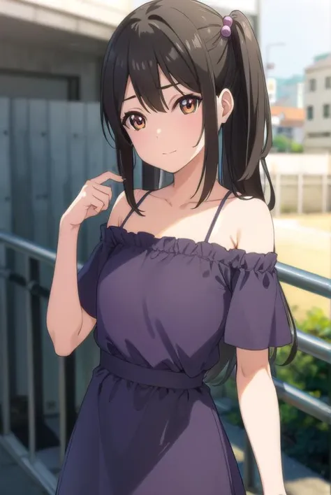 tenkaadachi, <lora:tenka adachi ova-lora-nochekaiser:1>,
tenka adachi, black hair, (brown eyes:1.3), side ponytail, long hair, hair bobbles,
BREAK shorts, off shoulder, dress, purple dress,
BREAK outdoors,
BREAK looking at viewer, (cowboy shot:1.5),
BREAK <lyco:GoodHands-beta2:1>, (masterpiece:1.2), best quality, high resolution, unity 8k wallpaper, (illustration:0.8), (beautiful detailed eyes:1.6), extremely detailed face, perfect lighting, extremely detailed CG, (perfect hands, perfect anatomy),