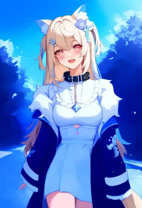 source_cartoon, rating_safe, <lora:Fuwawa_Abyssgard:1>, fuwawa_abyssgard, solo, hair ornament, looking at viewer, blush, medium breasts, smile, fox ears, fox tail, collar, dress, streaked hair, flowery meadow, outdoors, sunny day, score_9, score_8_up, score_7_up, score_6_up, score_5_up, score_4_up