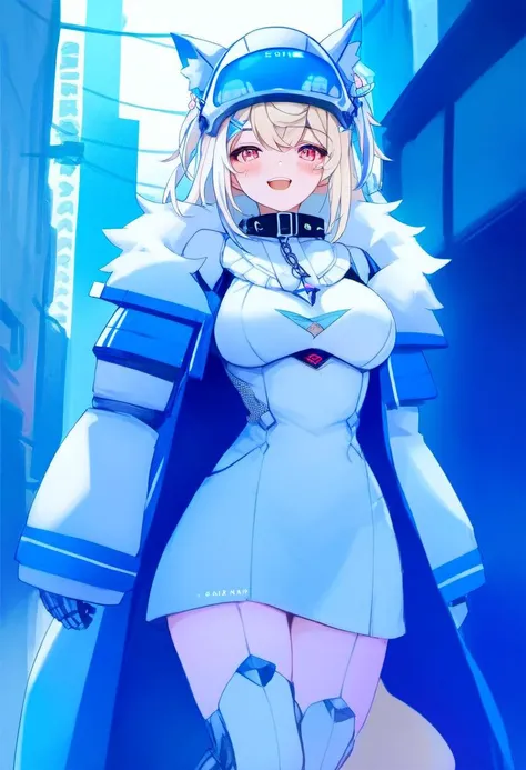 source_cartoon, rating_safe, <lora:Fuwawa_Abyssgard:1>, fuwawa_abyssgard, scifi, solo, hair ornament, looking at viewer, blush, medium breasts, smile, metal fox power armor helmet, metallic fox tail, collar, metallic futuristic power armor dress, streaked hair, city street, score_9, score_8_up, score_7_up, score_6_up, score_5_up, score_4_up