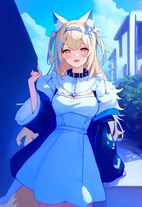 source_cartoon, rating_safe, <lora:Fuwawa_Abyssgard:1>, fuwawa_abyssgard, solo, hair ornament, looking at viewer, blush, medium breasts, smile, fox ears, fox tail, collar, dress, streaked hair, flowery meadow, outdoors, sunny day, score_9, score_8_up, score_7_up, score_6_up, score_5_up, score_4_up