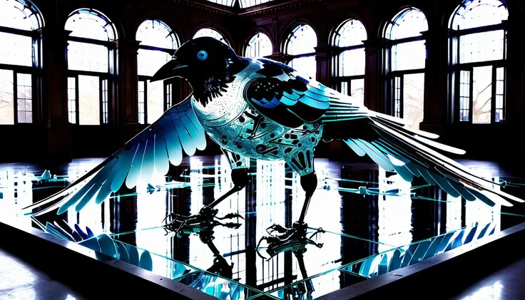 GlassRay, installation art designed by Cornelia Parker, (Magpie:1.2) , wearing Robotic made entirely of glass, its made entirely of glass has a giant straps, water in background, Realistic, Relieving, two colors, reflective light