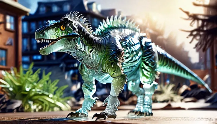 GlassRay, Anime, long shot of a (Allosaurus:1.1) , in Fur-Trimmed made entirely of glass, its made entirely of glass is made from satin, Foggy, Realistic, Hopeful, Lens Flare, Film Washi, reflective light