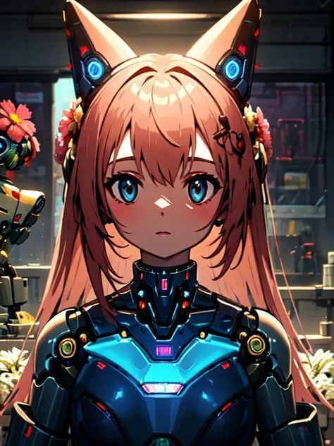 <lora:robo_ears-01:1>, robo_ears. portrait shot of a girl, [fox ears:robo_ears:5] ,flower shop scene,  dynamic pose, illustration, complex background