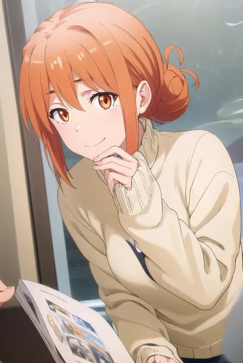 yuigahamama, <lora:mother yuigahama s2s3-lora-nochekaiser:1>,
mother yuigahama, hair bun, mature female, (orange eyes:1.5), orange hair, short hair, single hair bun, hair between eyes, sidelocks, smile,
BREAK denim, jeans, pants, sweater, turtleneck, turtleneck sweater, white sweater,
BREAK indoors, bed,
BREAK looking at viewer, (cowboy shot:1.5),
BREAK <lyco:GoodHands-beta2:1>, (masterpiece:1.2), best quality, high resolution, unity 8k wallpaper, (illustration:0.8), (beautiful detailed eyes:1.6), extremely detailed face, perfect lighting, extremely detailed CG, (perfect hands, perfect anatomy),