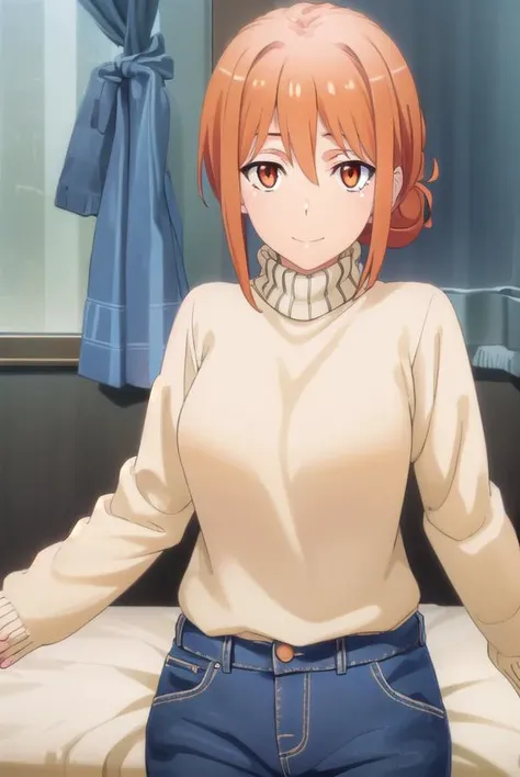 1girl, alone, yuigahama mom,masterpiece, (best qulaity:1.3), 8K, wallpaper, depth of field, beautiful detailed eyes, (1girl, mrs yuigahama, orange hair, hair bun, (shirt:1.3), closed mouth, smile, indoors, sitting, on bed, medium breasts, (grey sky, park, rain, indoors:1.2), looking at viewer, short sleeves, (pants, jeans:1.2)) , perfect hands, perfect anatomy