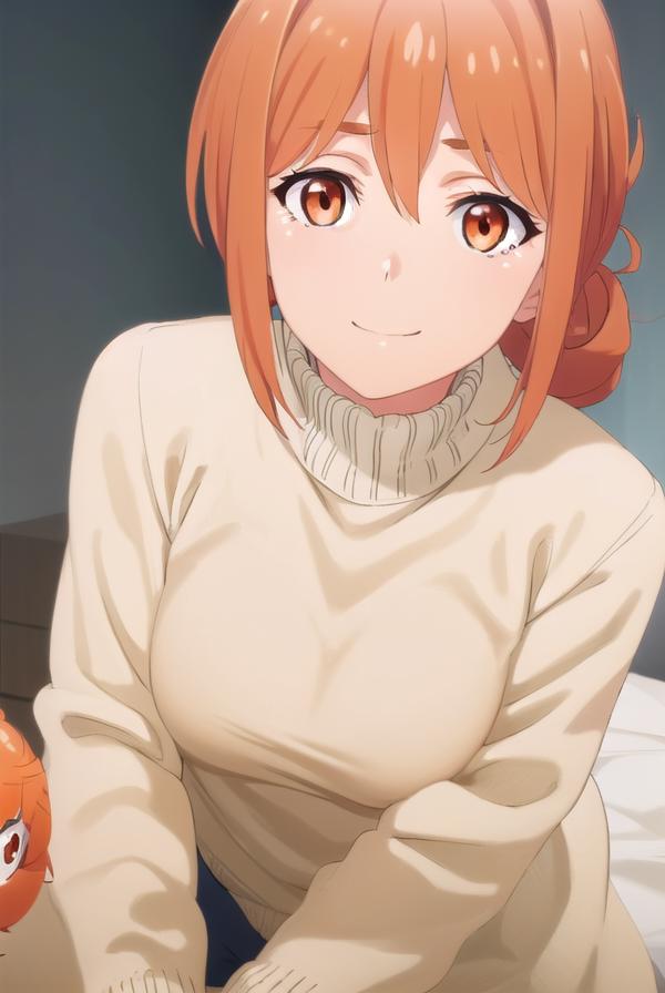 Anime girl with red hair and white sweater sitting on bed - SeaArt AI