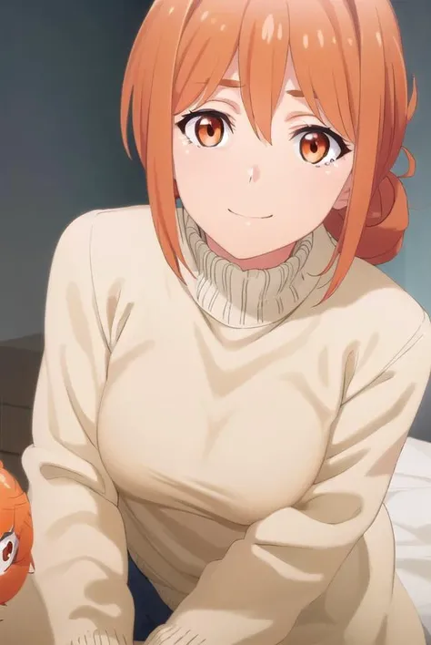 yuigahamama, <lora:mother yuigahama s2s3-lora-nochekaiser:1>,
mother yuigahama, hair bun, mature female, (orange eyes:1.5), orange hair, short hair, single hair bun, hair between eyes, sidelocks, smile,
BREAK denim, jeans, pants, sweater, turtleneck, turtleneck sweater, white sweater,
BREAK indoors, bed,
BREAK looking at viewer, (cowboy shot:1.5),
BREAK <lyco:GoodHands-beta2:1>, (masterpiece:1.2), best quality, high resolution, unity 8k wallpaper, (illustration:0.8), (beautiful detailed eyes:1.6), extremely detailed face, perfect lighting, extremely detailed CG, (perfect hands, perfect anatomy),