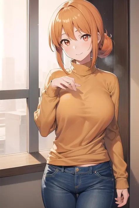 yuigahamama, <lora:yuigahamama-lora-nochekaiser:1>,
yuigahamama, hair bun, mature female, (orange eyes:1.5), orange hair, short hair, single hair bun, hair between eyes, sidelocks, smile,
BREAK denim, jeans, pants, sweater, turtleneck, turtleneck sweater, white sweater,
BREAK indoors, bed,
BREAK looking at viewer, (cowboy shot:1.5),
BREAK <lyco:GoodHands-beta2:1>, (masterpiece:1.2), best quality, high resolution, unity 8k wallpaper, (illustration:0.8), (beautiful detailed eyes:1.6), extremely detailed face, perfect lighting, extremely detailed CG, (perfect hands, perfect anatomy),