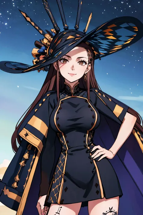 masterpiece, best quality, <lora:fsrdorothea-nvwls-v1-000009:0.9> fsrdorothea, hat, earrings, black dress, jacket on shoulders, large breasts, night sky, (closed eyes:0.7), smile, hand to hip, leg tattoos, cowboy shot, looking to the side