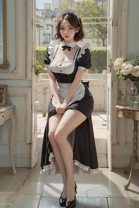 (RAW photo, best quality, photo realistic:1.2),
(intricate details, perfect anatomy),
(1girl,solo:1.2)
(indoors, victorian mansion), (detailed background:1.2),
(27 years old beautiful gorgeous cute English woman:1.1),
muscular female,(swept bangs:1.5), (swept bangs to the left:1.5),
(pale skin, shiny skin, porcelain skin, white skin, tall female),
(make up:0.2),
(parted lips, brown hair, blue eyes, perfect eyes),
looking at viewer,
( victorian maid, black maid dress, maid apron, maid headdress:1.2),
(full body),
(😊),
