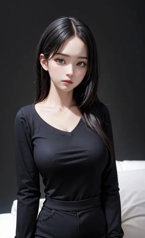 (masterpiece:1.2, best quality), (photo realistic), HDR, intricate detail, perfect face, 1girl, solo, pretty cute korean girl,
front view, Look at the camera,
slender body,
shiny skin, pale skin,
round gigantic breasts:0.7,
wide hip:0.5, round hips,
(Simple Black Background),
(oversized v-neck shirt:1.2),