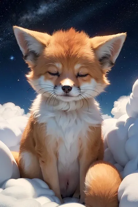 A fox sleeping on the cloud with a starry sky