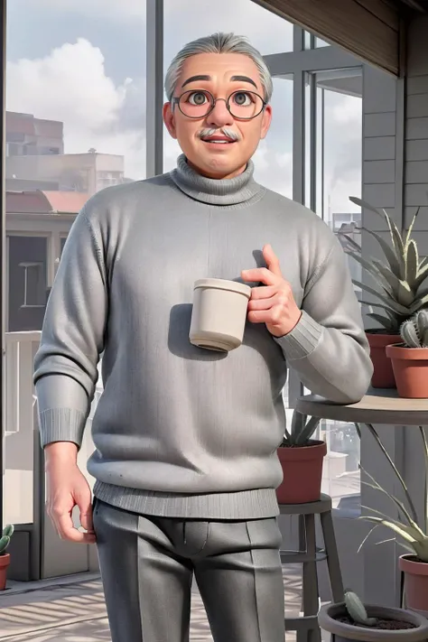 uniformly staged images,flat yet expressive,visual impact,dramatic and tension,cinematic lighting effects,(1 old man,mature male,grey hued casual wear,turtleneck knitwear,round glasses),standing,light smile,wind effect,outdoors,sky,cactus potted plant on balcony,clouds,moody lighting,atmosphere depth of field,targeted lighting,octane renderer,super vista,super wide Angle,<lora:IPrenwu_12:0.8>,dynamic pose,masterpiece,high quality,