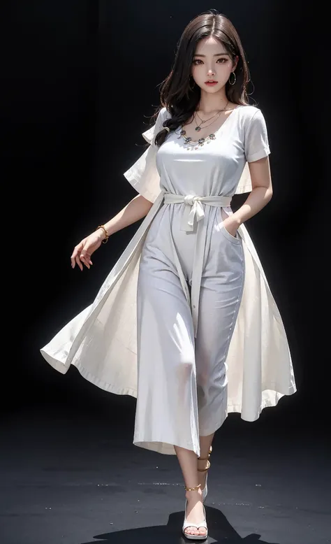 (masterpiece, best quality), (photo realistic), RAW, HDR, intricate detail, (detailed face), (detailed Eyes), 1girl, solo, (pretty cute sexy korean girl),
(8k background),
(Full body:1.2),
Look at the camera,
slender body,
shiny skin, pale skin,
Realistic Skin,
variety of hairstyles,
round gigantic breasts:0.8,
wide hip:0.5, round hips,
(Simple Black Sky and White Runway Background),
(linen Short Sleeves Summer maxi dress, loose linen cotton kaftan oversize bridesmaid dress),
Various earrings,
Variety of necklaces,
Various bracelets,
(hands in pockets),