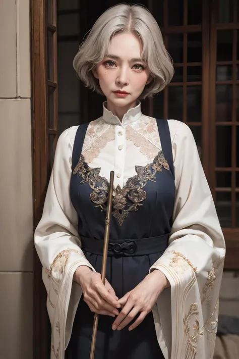 old woman, 70 year old, masterpiece, best quality, 8k, detailed skin texture, detailed cloth texture, beautiful detailed face, intricate details, ultra detailed, granny with a cane, full-length body