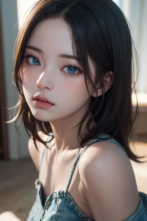 (ultra photorealistic:1.3), (masterpiece:1.4), (cowboy shot:1.2), best quality, ((realistic)), high quality, ultra detailed, ((Real picture)), ((realistic skin)), ((realistic face)), (best quality:1.1), (illustration:1.05), (1girl:1.05), (beautiful:1.05), (beautiful detailed eyes:1.05), (cinematic light:1.1), light blue highlights, emotionless, full body portrait