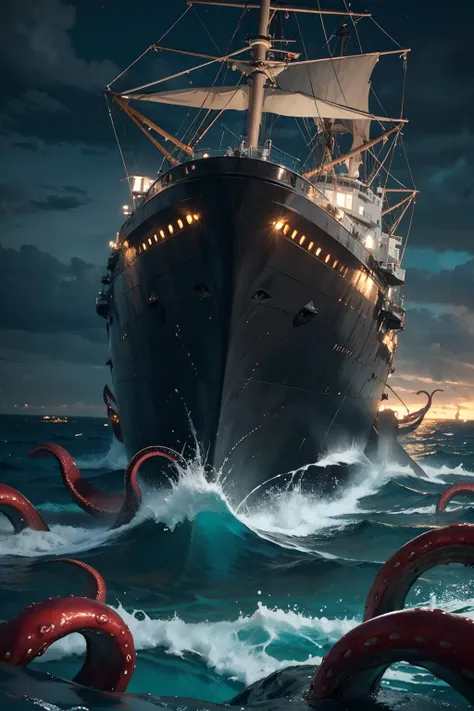 (best quality, masterpiece:1.2), (cinematic light:0.2), (terrible creature under the sea:1), storm, dark sky, (tentacles:1.2), (ship on the sea:1.1), long shot