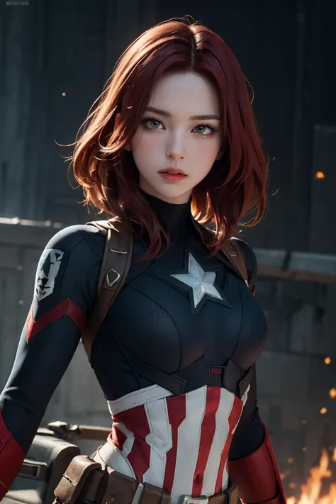 1girl, masterpiece, best quality, 8k, detailed skin texture, detailed cloth texture, beautiful detailed face, intricate details, ultra detailed, Black Widow in the style of the Captain America, straight red hair, dynamic pose