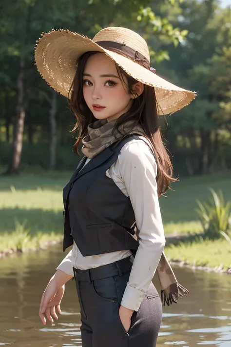 portrait of beautiful women in muddy farm:1.2 , cowboy hat, fringed waistcoat , trousers, scarf , confidence , medium breast,