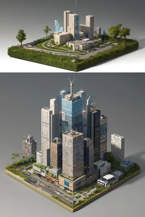 cityx, absurdres, best quality, fantasy, isometric, knolling style of (miniature 100+ skyscrapers:1.2), tree, road, 10+ chibi android girls, (simple background:1.2)