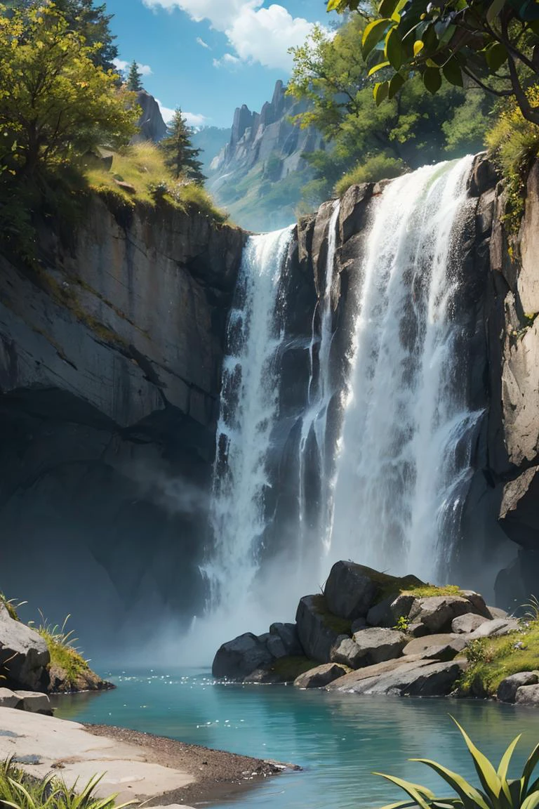 masterpiece, best quality, high quality, extremely detailed CG unity 8k wallpaper, scenery, outdoors, sky, cloud, day, no humans, mountain, landscape, water, tree, blue sky, waterfall, cliff, nature, lake, river, cloudy sky,award winning photography, Bokeh, Depth of Field, HDR, bloom, Chromatic Aberration ,Photorealistic,extremely detailed, trending on artstation, trending on CGsociety, Intricate, High Detail, dramatic, art by midjourney