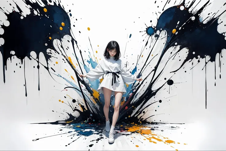(best quality, watercolor painting, Colorful, sharp focus), (full body, wide shot), (cute korean girl),
1girl, Jackson Pollock Action Painting, kinetic expressions, (splatter and drip art minimalism:1.1), canvas white background, studio,
 <lora:add_detail:0.4>, style-paintmagic,