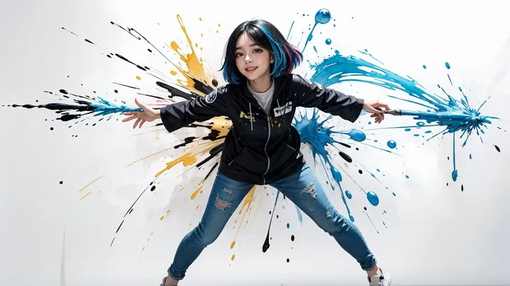 (best quality, watercolor painting, Colorful, sharp focus), (full body, wide shot), (cute korean girl), broad smile,
1girl, solo, Jackson Pollock Action Painting, kinetic expressions, Colorful hair, (splatter and drip art minimalism:1.1), canvas white background, studio,
<lora:add_detail:0.5>, style-paintmagic,