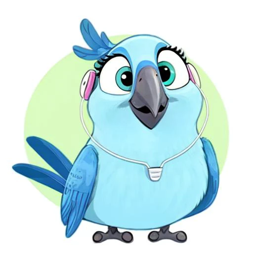 Carla, sfw, spix macaw,female, blue feathers, 2d, flat colors, cartoon, detailed, smile <lora:Carla(BirdMovie,Rio):0.7> earphones
