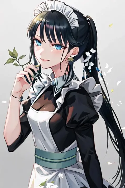 best quality, masterpiece, highres, solo, {maid:1.40}, {long maid dress:1.15}, {jing_ke_fgo:1.15}, long_hair, black_hair, bangs, earrings, jewelry, smile, ponytail, blue_eyes, green_eyes, hair_ornament, hair_flower