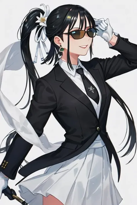 best quality, masterpiece, highres, solo, {black business suit:1.40}, {tie:1.20}, {sunglasses:1.25}, {white gloves:1.15}, {white shirt:1.10}, {black skirt:1.15}, {smoking:1.20}, handsome, {zuikaku_kantaicollection:1.15}, long_hair, twintails, ribbon, hair_ribbon, green_hair, green_eyes, smile, white_ribbon