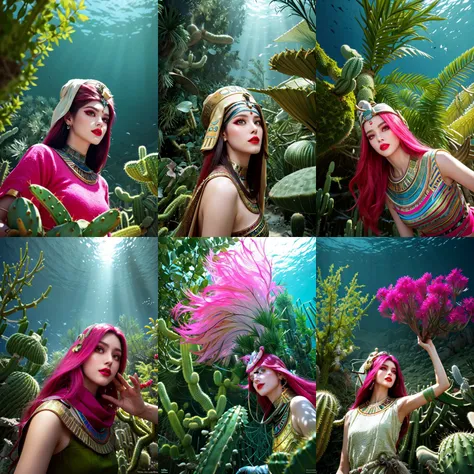 (otherworldly, otherworldly atmosphere, otherworldly appearance), highly insanely detailed, masterpiece, top quality, best quality, highres, 4k, 8k, RAW photo, collar, earrings, jewelry, necklace, armlet, 
(long_hair, long hair, random colors cloth, random colors hair, random long hair, dynamic hair, glowing hair, hair over one eye), 
(eyelashes, eyeliner, eyeshadow, eyelashes), 
pink lipstick, 
natural makeup, 
((ancient egyptian theme:1.2)), golden ornaments, 
1girl, (portrait:0.4), nsfw, 
((desert, Mexico, cacti, underwater)), 
a grove of mechanical trees swaying to the rhythm of coded breezes, (tranquil:0.6), (serene:0.5), 
long messy hair, 
1girl, (from below), 
1girl, natural lighting, outdoor, 
<lora:yuyu_ruka_v1_2:0.7>, ruka, 
winter, scarf, beanie hat, drinking coffee, snowflake, aroma, 
(moss vines), (fantasy world)