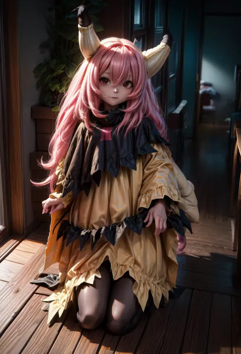 (Highres), (Detailed Illustration), Ultra-Detailed, 8k,highres, masterpiece, nsfw, yukimuro, mimikyu_cosplay, 1girl, pink hair, hair between eyes, black eyes, long sleeves, poncho, dress, horns, pantyhose, black pantyhose, personification, looking at viewer, <lora:mimikyu_cosplay-03:1>, <lora:Yukimuro-02:1> <lora:add_detail:1> <lora:hairdetailer:0.8> <lora:NSFWFilter:1>